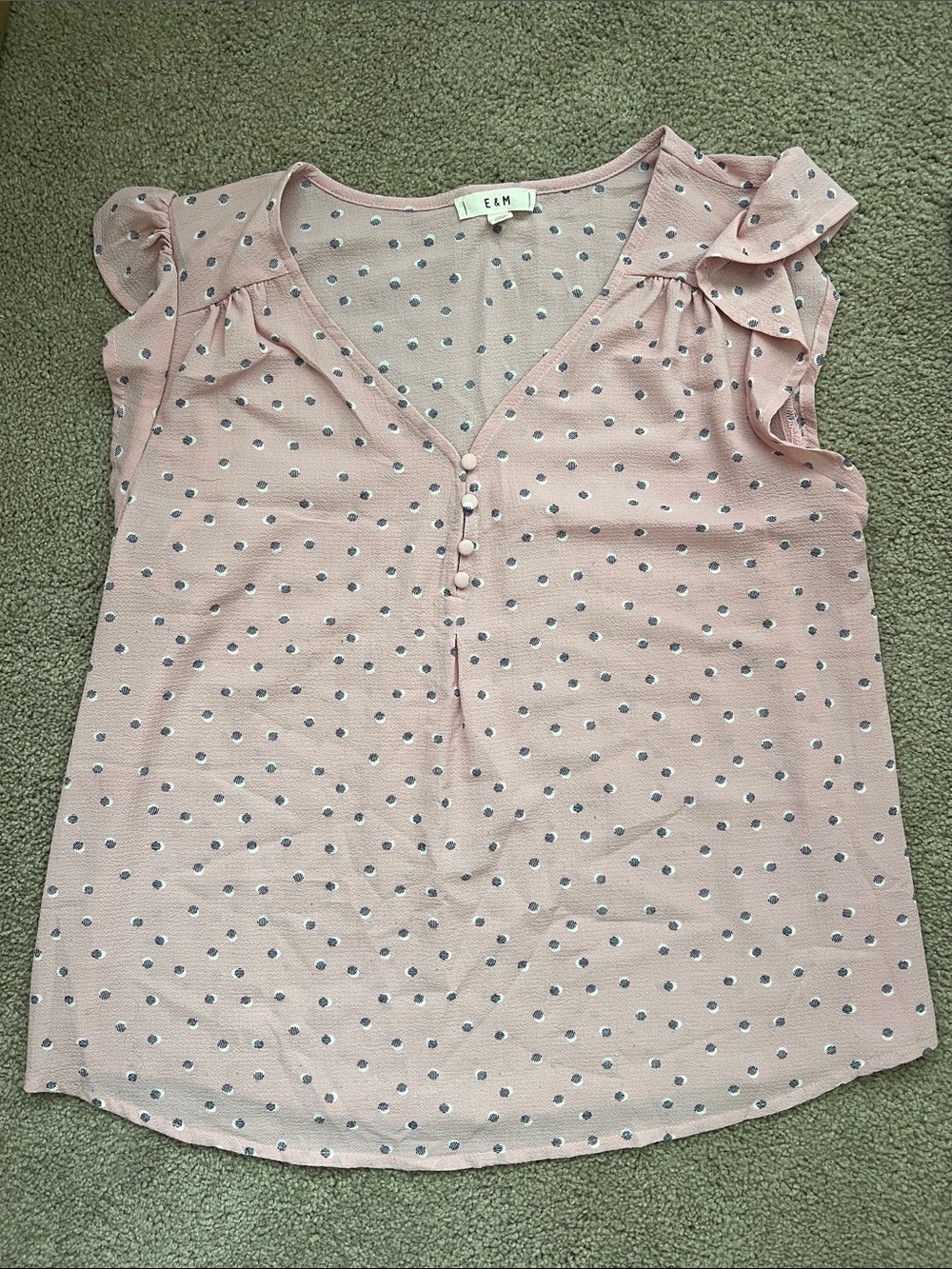 E&H Pink Polka Dot Ruffle Cap-Sleeve V-Neck Blouse